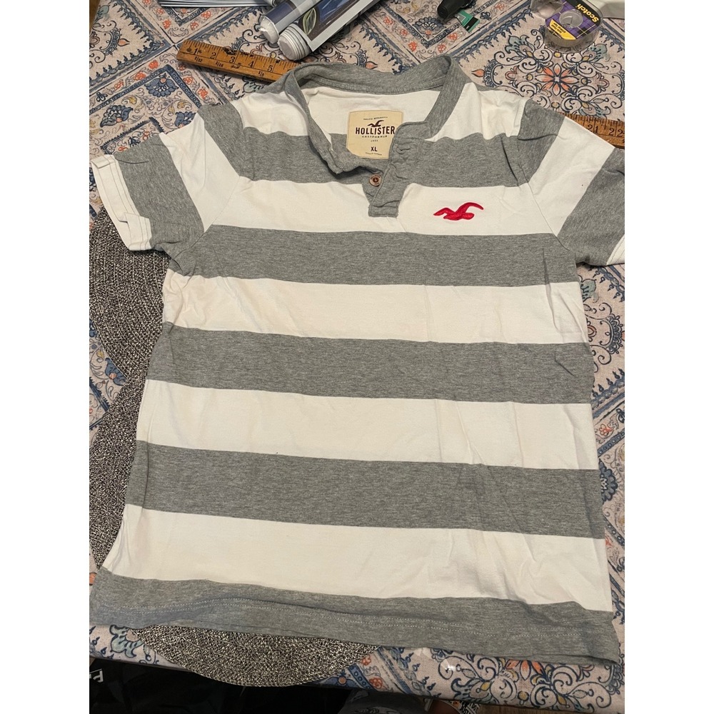 Hollister Men’s Gray & White Striped Polo Shirt